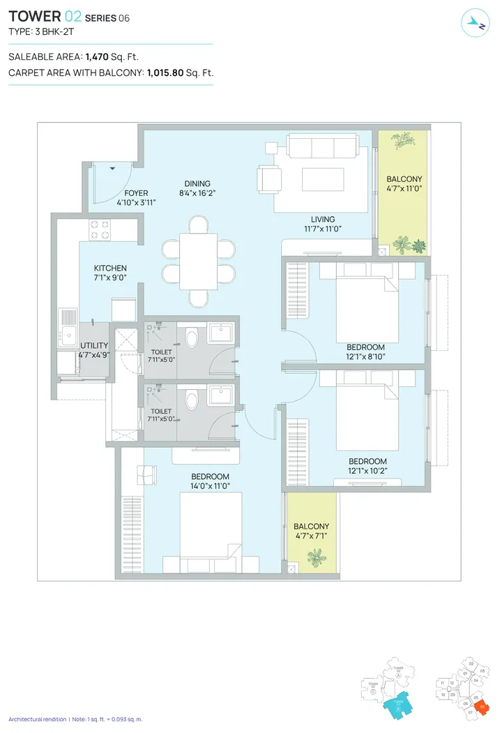 3 BHK 2T floor plan at Century WinningKind showing 1,475 sq ft layout with 3 bedrooms and 2 toilets