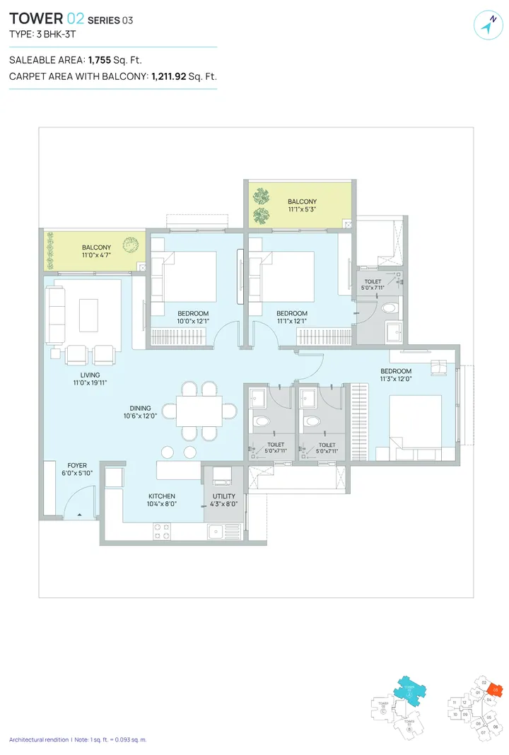 3 BHK 3T floor plan at Century WinningKind showing 1,755 sq ft layout with 3 bedrooms each with attached toilet