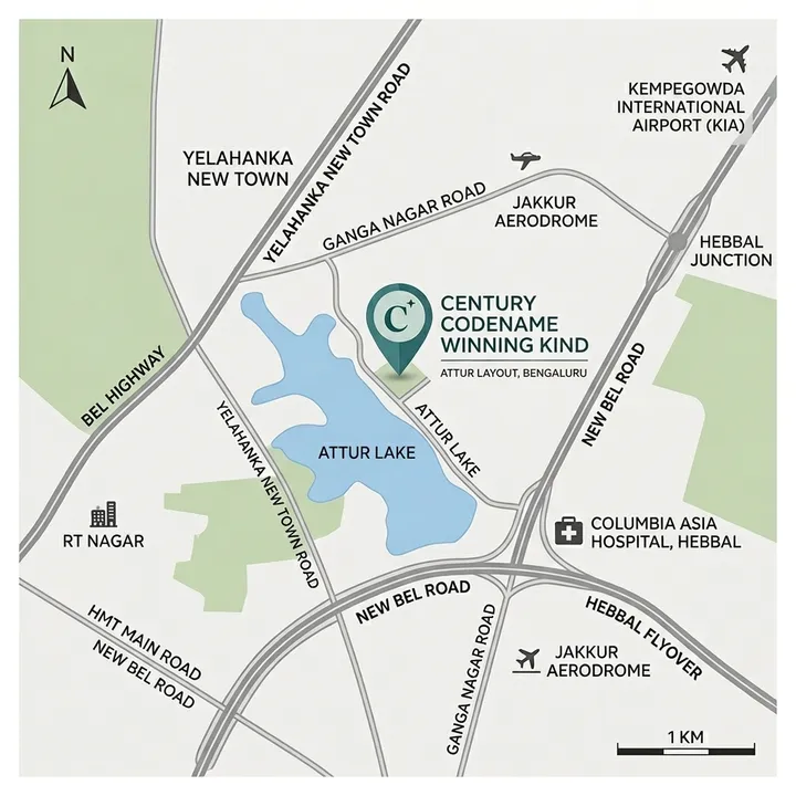 Detailed location map of Century WinningKind at Attur Layout showing road connectivity, Attur Lake, nearby landmarks, and distances to key Bengaluru destinations